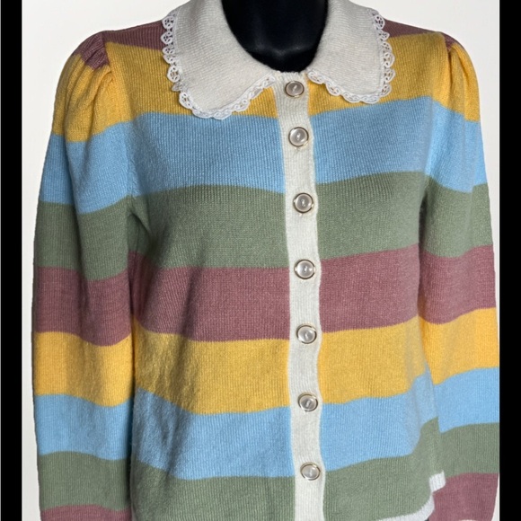 So It Is Striped Cardigan Pearl Buttons Lace Lined Collar Size S - Picture 2 of 11